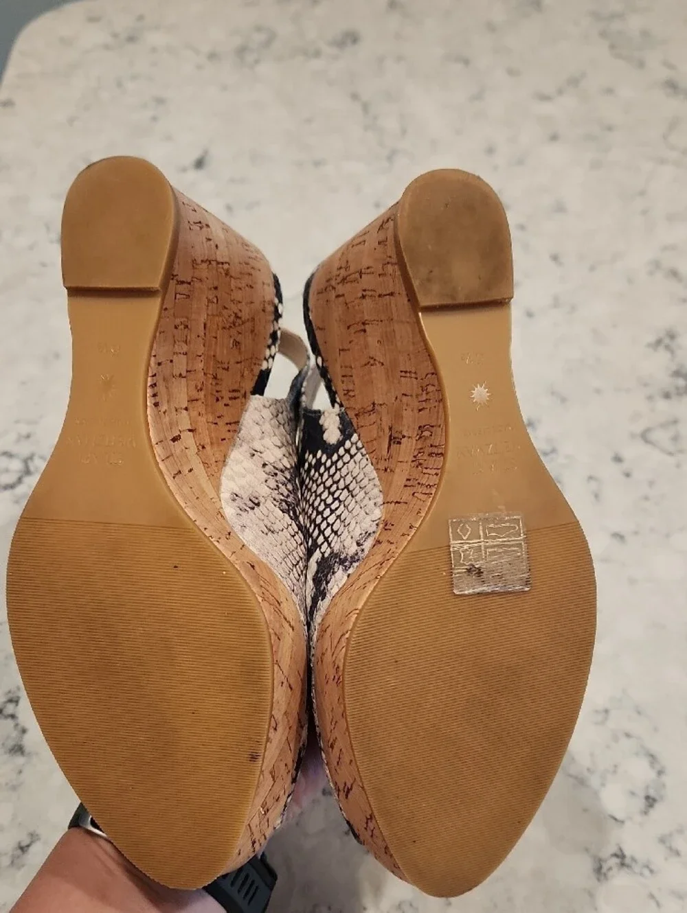 Stuart Weitzman Beige and Dark Navy Snake-Print Slingback Wedges